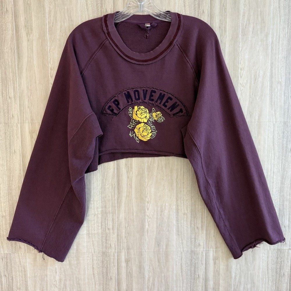Free People Movement Cropped Rib Roomy Sweatshirt XS Burgundy Yellow Rose Logo